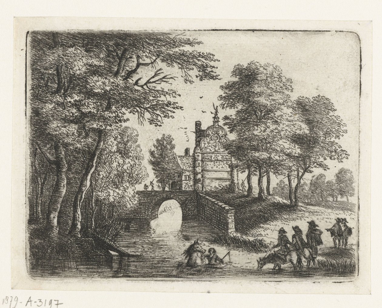Landschaft mit einem Fluss, einer Brücke und Reitern Kleine Landschaften (Serientitel) von Lucas van Uden