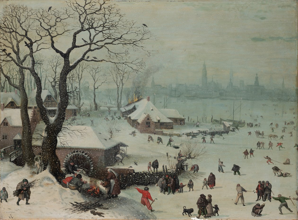 Winterlandschaft mit Schneefall bei Antwerpen von Lucas van Valckenborch
