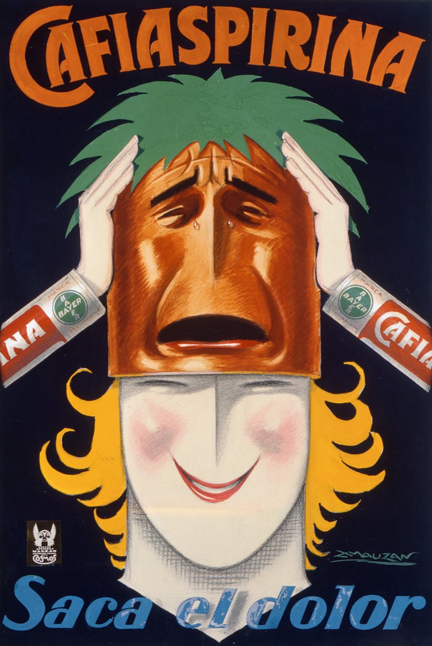 Poster aus Argentinien zur Werbung für Cafiaspirina Aspirin von Luciano Achille Mauzan