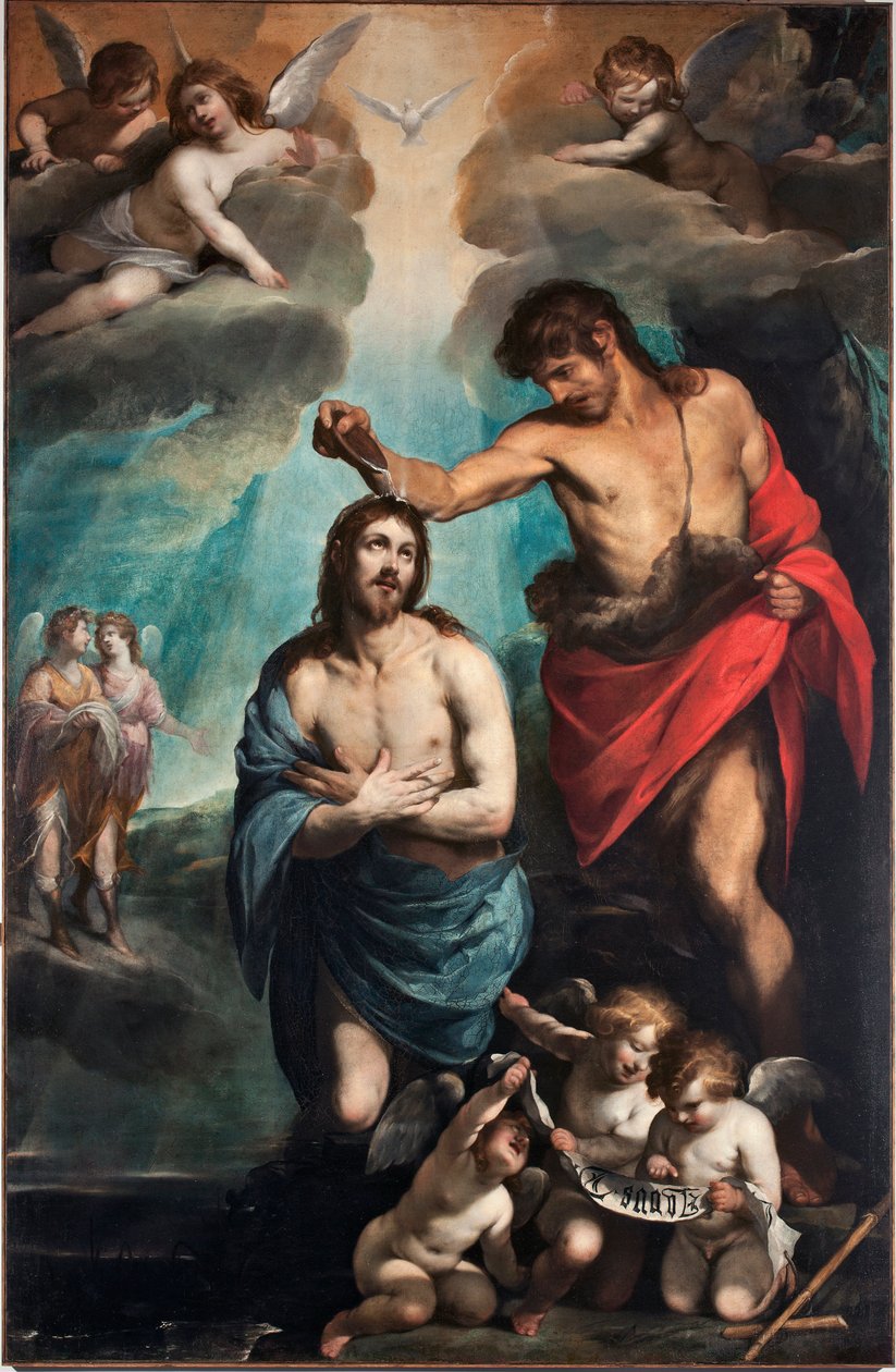 Die Taufe Christi. Die Taube des Heiligen Geistes über Jesus Christus. Gemälde von Luciano Borzone (1590-1645) 17. Jahrhundert, Genua, Musei di Strada Nuova (ehemals Palazzo Bianco), Italien von Luciano Borzone