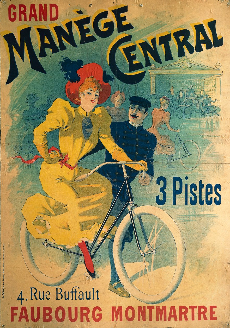 Grand Manege Central, Werbeplakat für Radrennbahn, Frau auf Fahrrad darstellend von Lucien Baylac