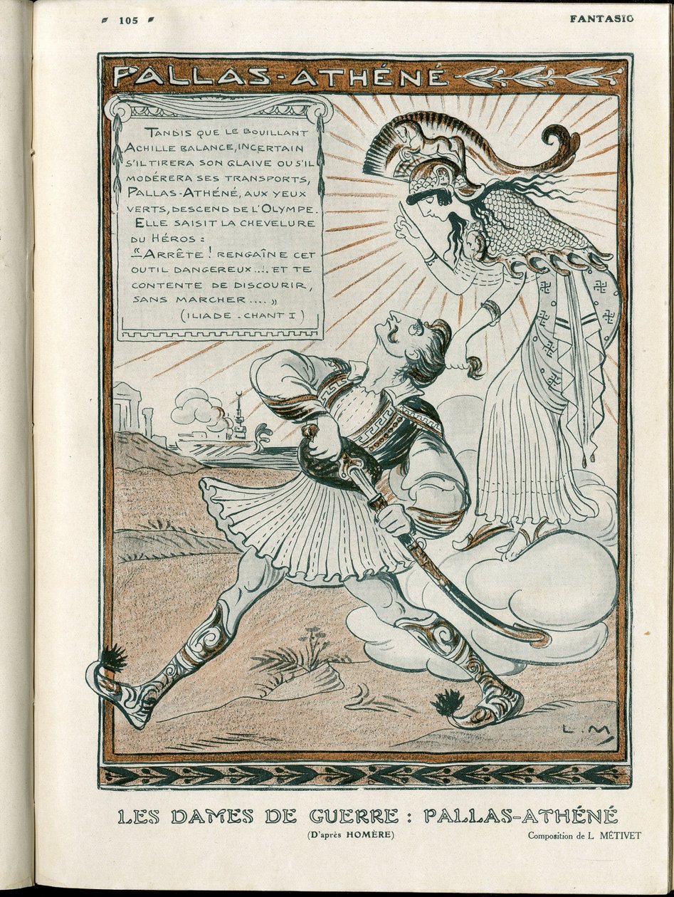 Illustration in „Fantasio“, 01/04/15 - die Frau des Krieges Pallas-Athene Krieg 14-18 (Stich) von Lucien Metivet