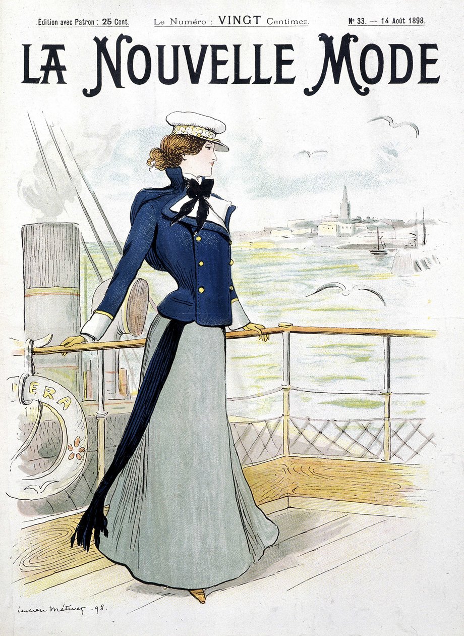 Segeln: Frau auf dem Deck eines Bootes - Zeichnung von L. Metivet, in „La Nouvelle Mode“ von Lucien Metivet