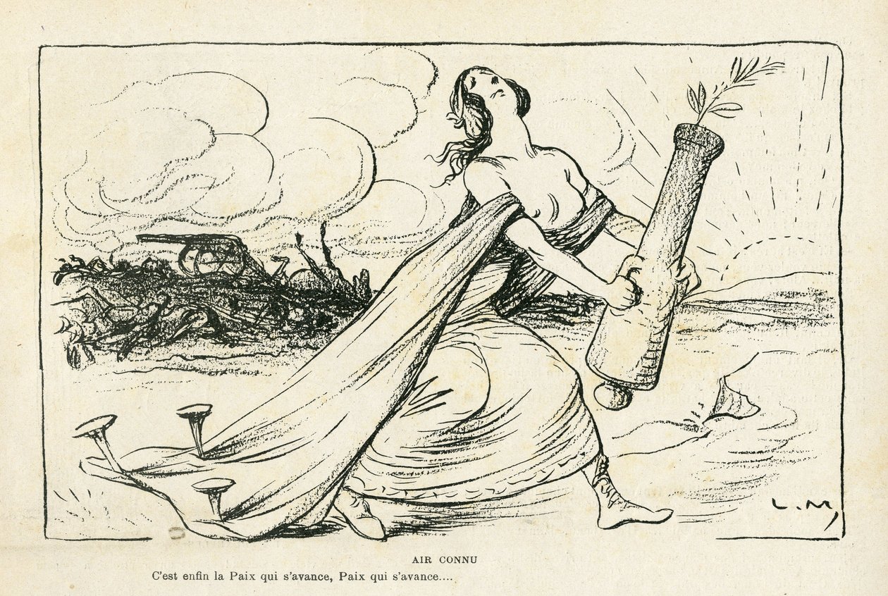 Illustration in Le Rire, 03/05/13 - Vertrautes Lied - Balkan, Waffen, Granaten, Frieden, Erster Weltkrieg (Gravur) von Lucien Metivet