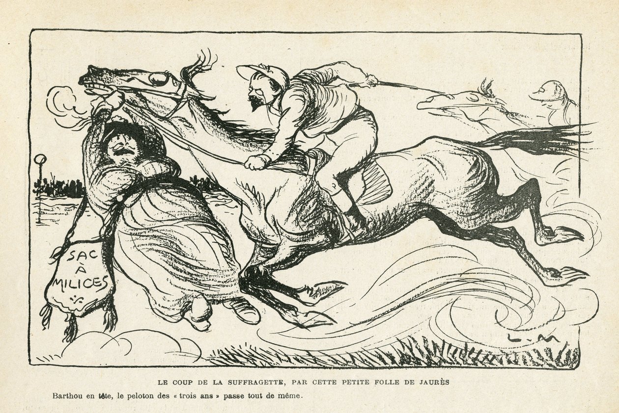 Illustration in Le Rire, 28/06/13 Der Schlag der Suffragette, von dieser kleinen Verrückten Jaures (Gravur) von Lucien Metivet
