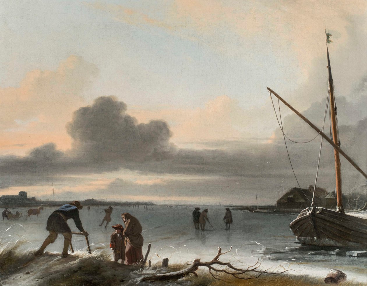 Eine Winterlandschaft mit Schlitten, Schlittschuhläufern und Golfern auf einem zugefrorenen See von Ludolf Backhuysen