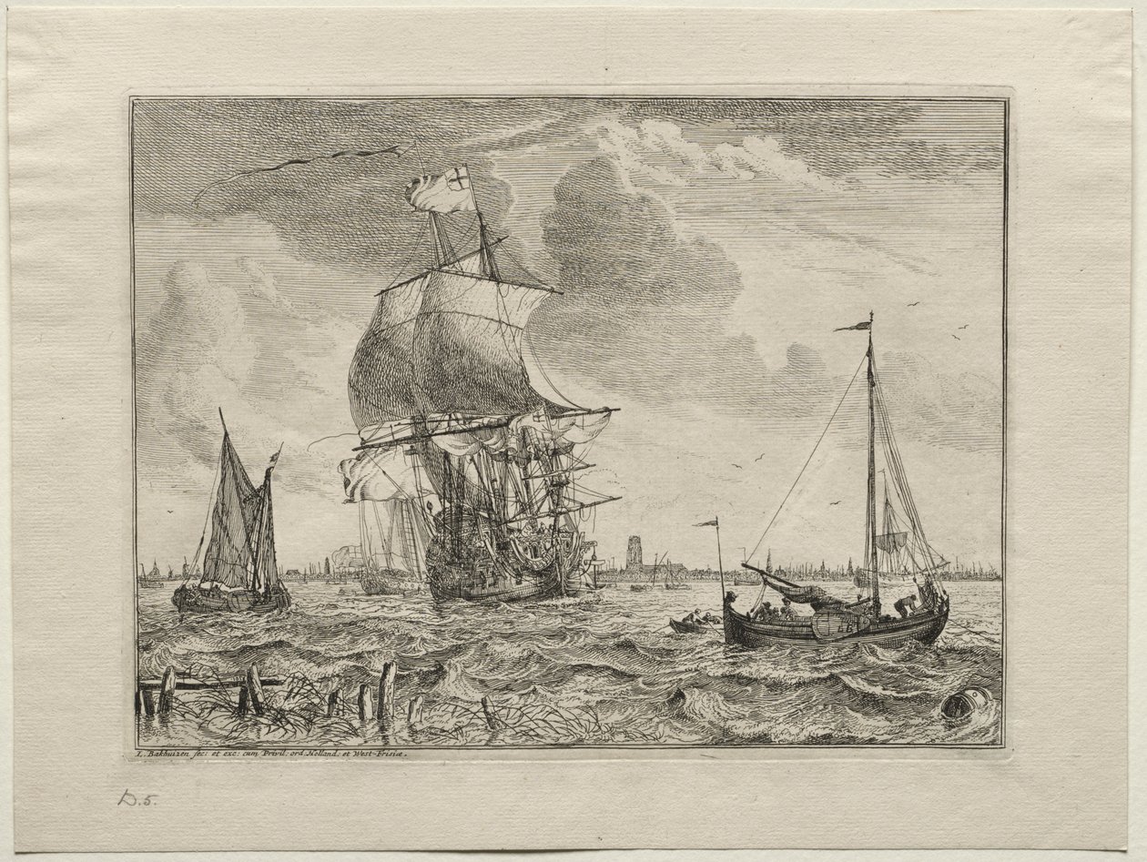 Meereslandschaft mit Amsterdam in der Ferne von Ludolf Backhuysen