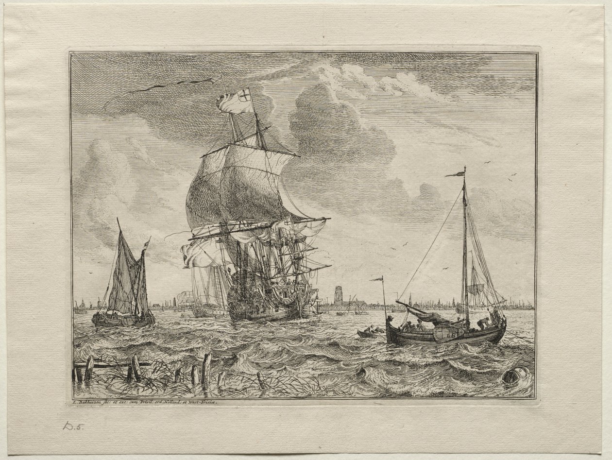 Meereslandschaft mit Amsterdam in der Ferne, 1701 von Ludolf Backhuysen