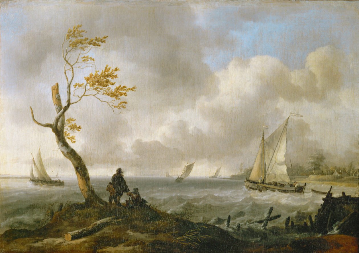 Fischerboote und Küstenschiff bei schwerem Wetter von Ludolf I Backhuyzen