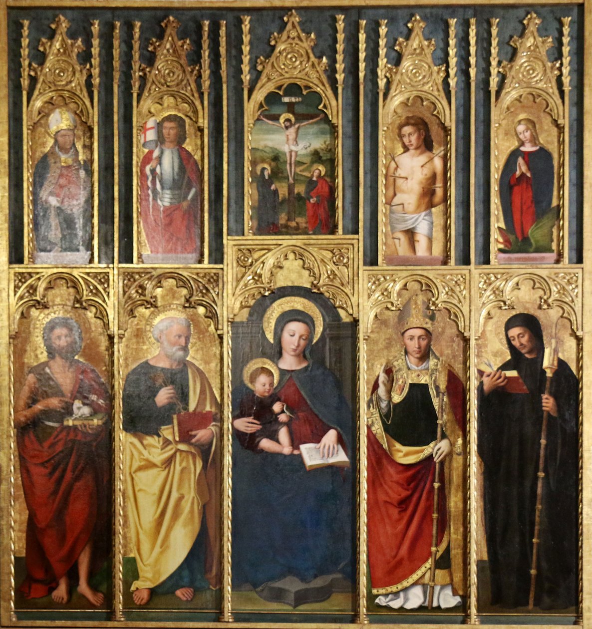 Retabel, 10 Tafeln: Madonna mit Kind zwischen Johannes dem Täufer und Petrus, Ein Bischof und Abt, Christus am Kreuz zwischen Johannes und der Madonna, Heiliger Martin und Heiliger Viktor, Heiliger Sebastian und Heilige Margarete von Ludovico Brea