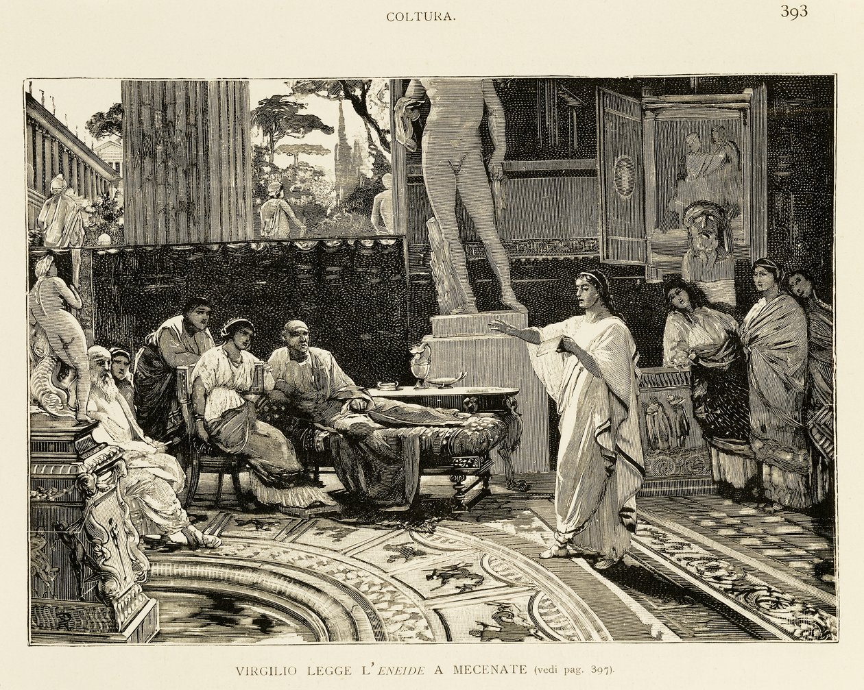 Maecenas hört Virgil beim Vorlesen der Aeneis zu, Illustration von Lodovico Pogliaghi für Frühgeschichte Roms von Francesco Bertolini, Fratelli Treves Ausgabe, Mailand von Ludovico Pogliaghi