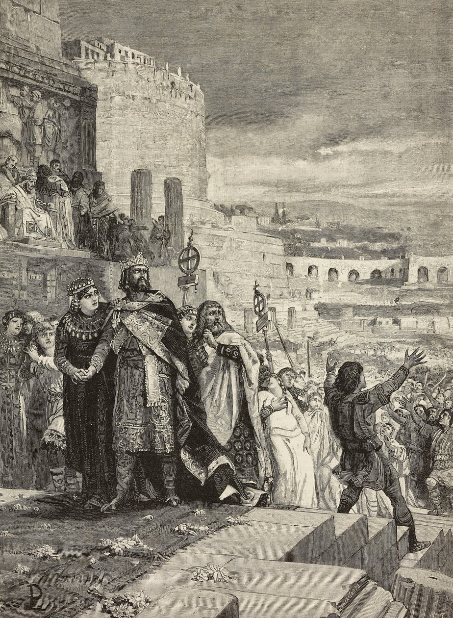 Hochzeit von Ugo und Marozia, Hochzeitsprozession in Anwesenheit des Papstes, Gravur von E. Mancastroppa nach einem Gemälde von Lodovico Pogliaghi, aus L