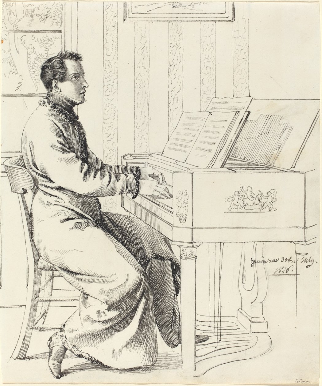 Der Schwager des Künstlers, Ludwig Hassenpflug, bereitet sich darauf vor, Klavier zu spielen, 1826 von Ludwig Emil Grimm