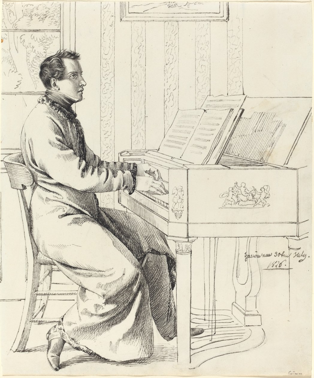 Der Schwager des Künstlers, Ludwig Hassenpflug, bereitet sich auf das Klavierspiel vor von Ludwig Emil Grimm