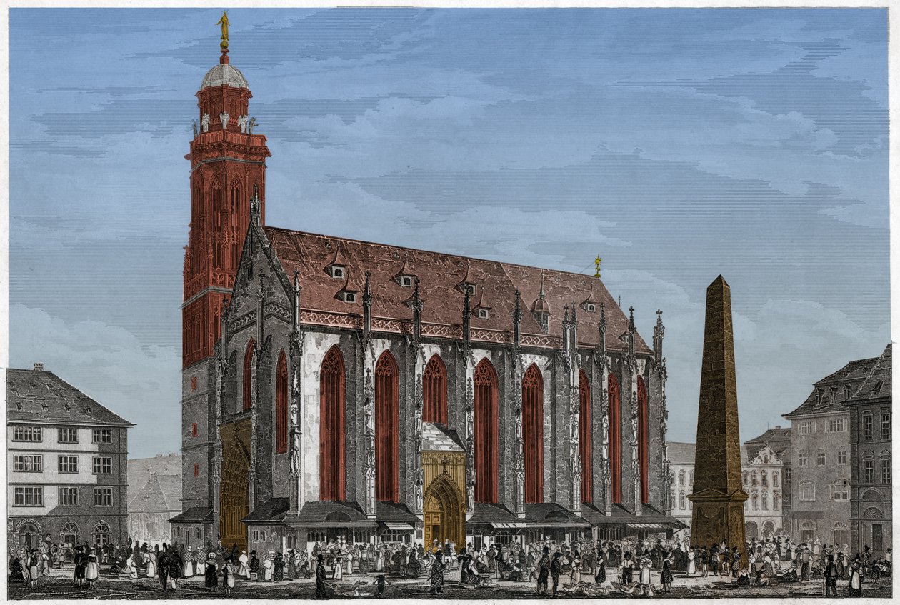Kapelle St. Maria in Würzburg, vor dem Marktplatz und dem Obelisken, Deutschland. ca. 1850 (Gravur) von Ludwig Lange