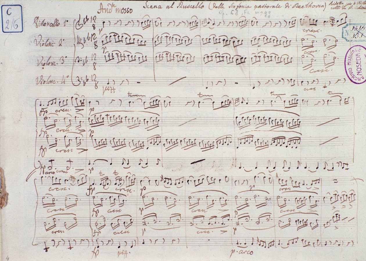 Seite der Partitur für Symphonie Nr. 6 in F-Dur, Opus 68, von Ludwig van Beethoven von Ludwig van Beethoven