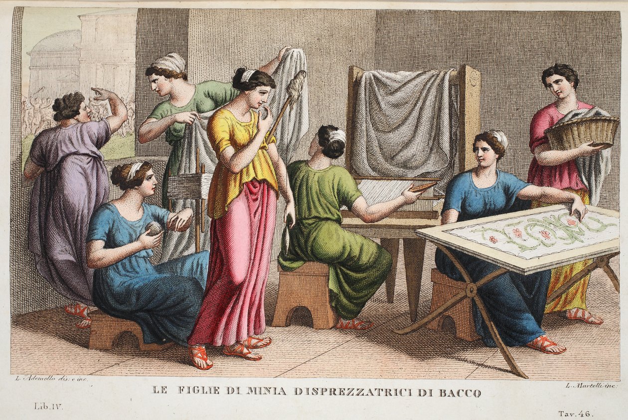 Minyaden oder Figlie di Minia Disprezzatrici di Bacco, Buch IV, Illustration aus Ovids Metamorphosen, Florenz (handkolorierter Stich) von Luigi Ademollo
