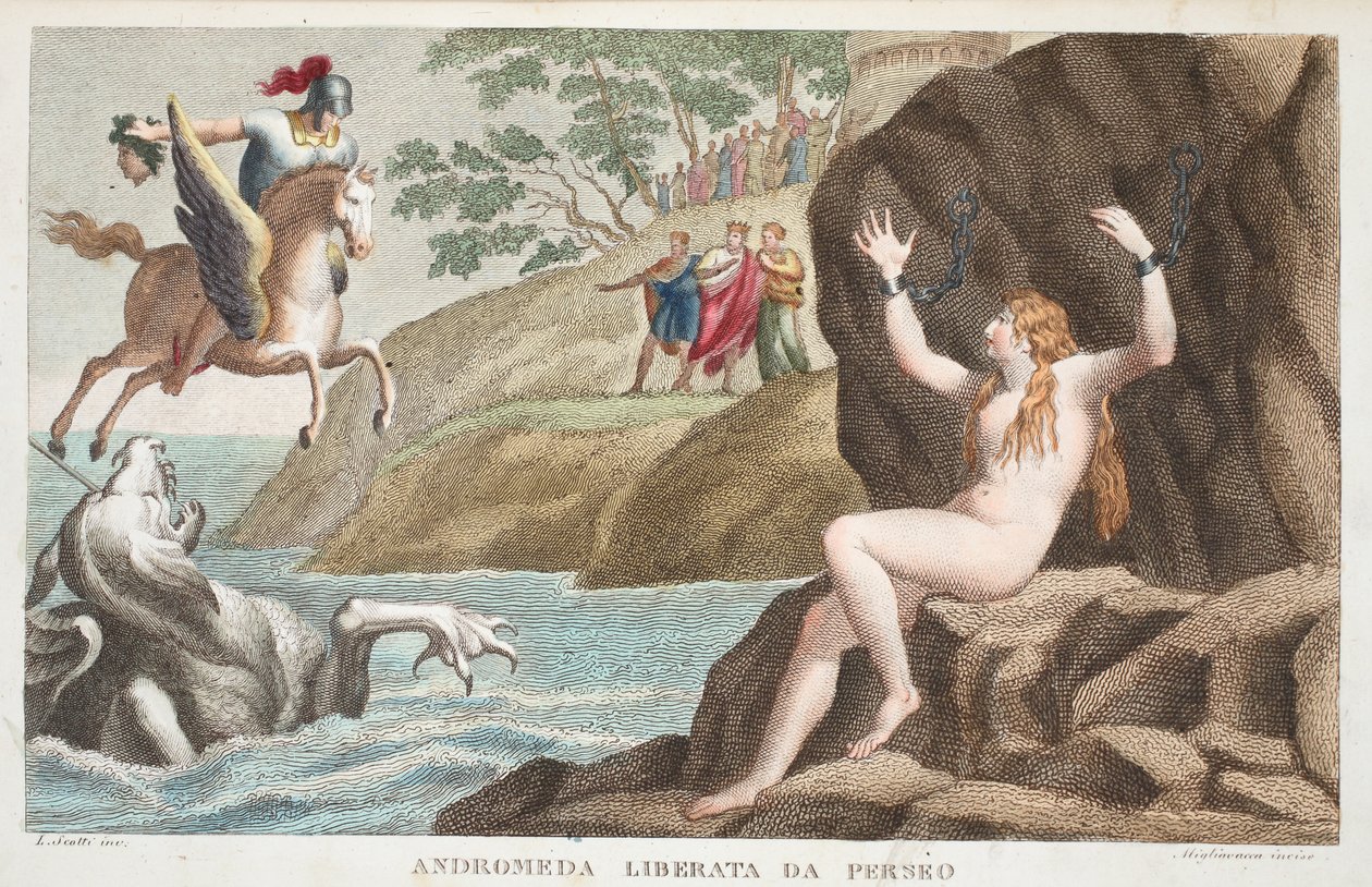 Perseus und Andromeda, Buch IV, Illustration aus Ovids Metamorphosen, Florenz, 1832 von Luigi Ademollo