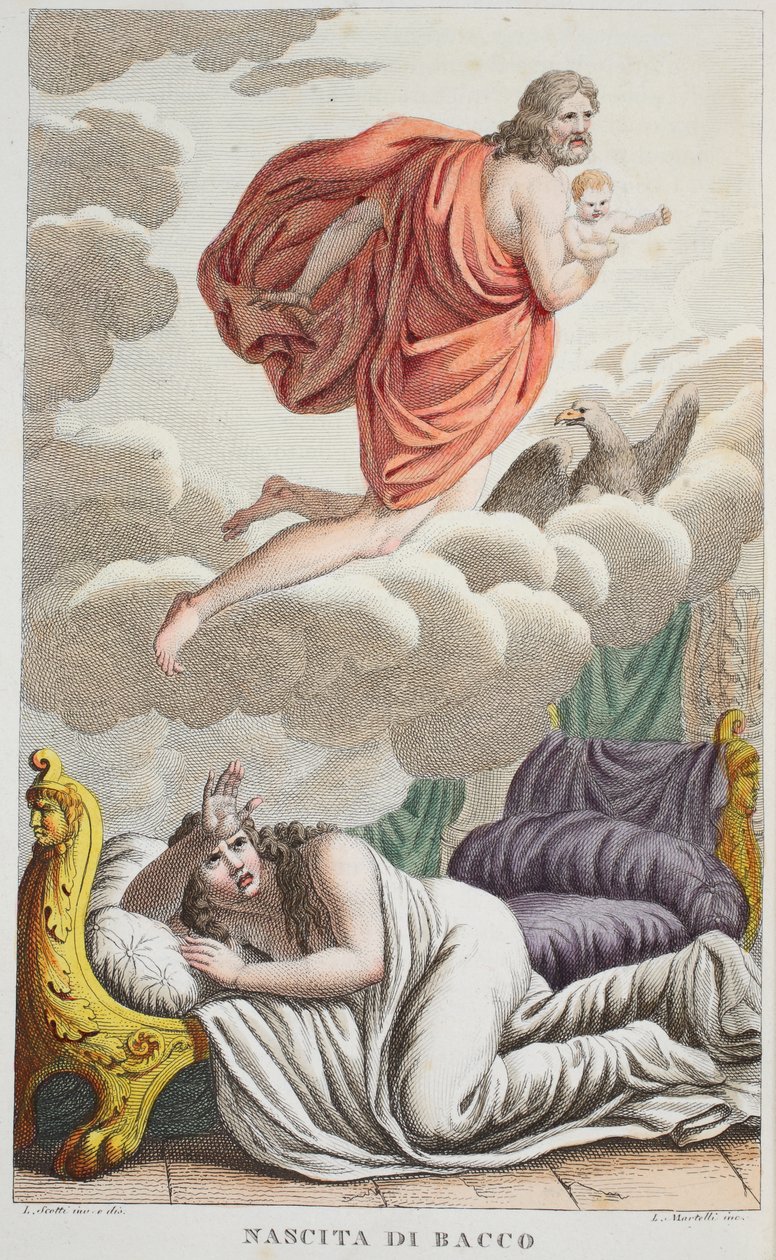 Semele wird vom Blitz getroffen, Illustration aus Ovids Metamorphosen, Florenz, 1832 (handkolorierter Stich) von Luigi Ademollo