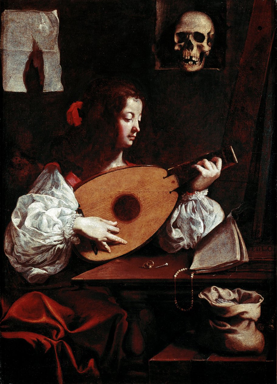 Der Lautenspieler. Neben der Partitur liegen zwei Ringe, eine Nadel und ein Totenkopf (Vanitas) auf einem Ständer. Gemälde von Luigi Miradori dit Il Genovesino (1600/10-1655/57) 17. Jahrhundert Galleria di Palazzo Rosso Genua, Italien von Luigi Miradori