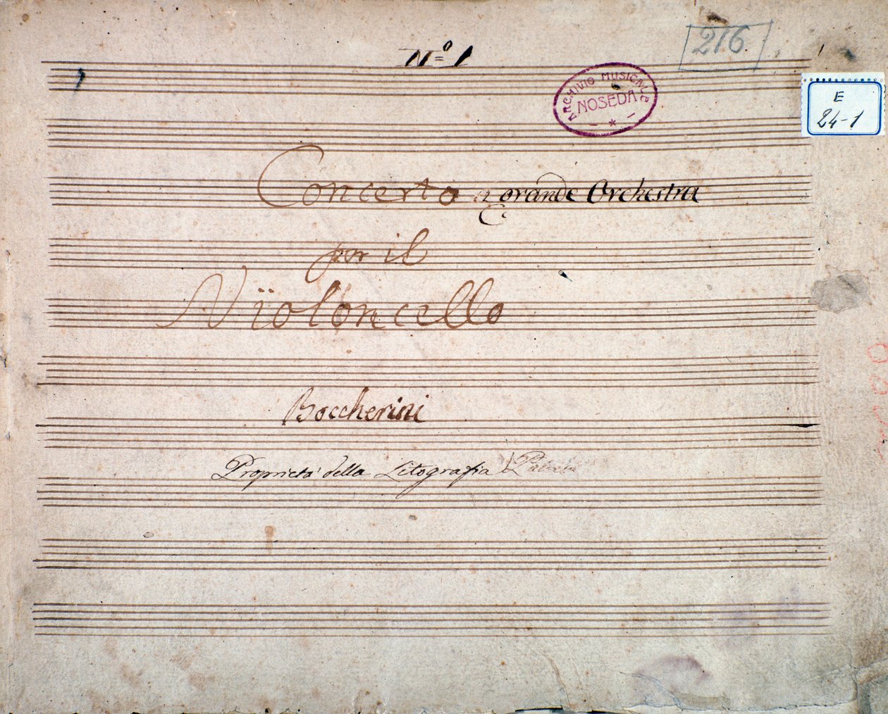 Erste Seite, signiert vom Autor der Partitur des Konzerts für Cello und Orchester in Es-Dur, von Luigi Boccherini von Luigi Boccherini