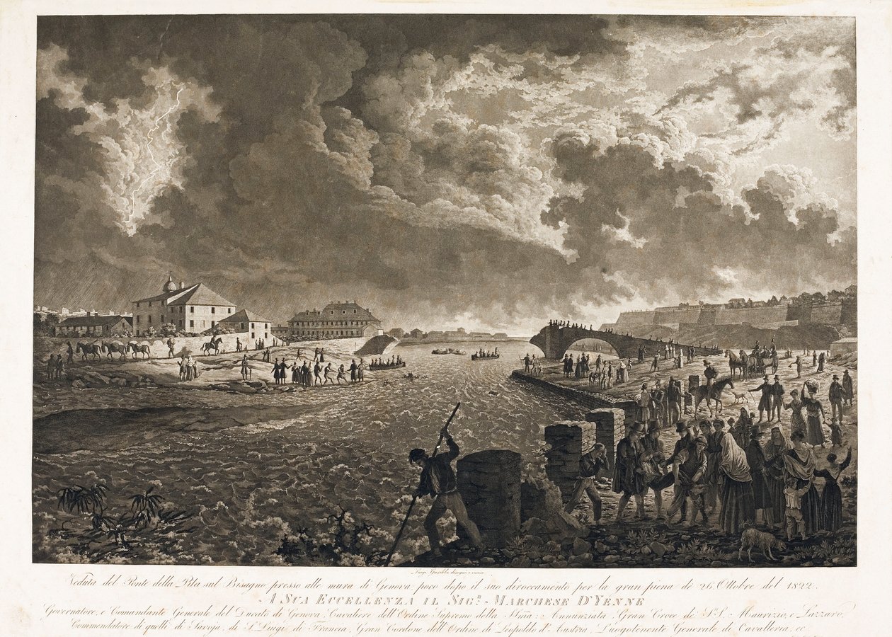 Ansicht der Brücke Pila in Genua nach der Überschwemmung des Bisagno-Bachs am 26.10.1822 (Radierung, ca. 1822) von Luigi Garibbo