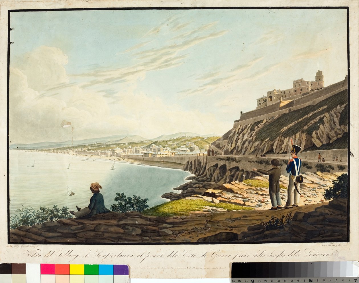Ansicht des Stadtteils Sampierdarena westlich von Genua, vom Leuchtturm aus (Radierung, ca. 1813-1814) von Luigi Garibbo