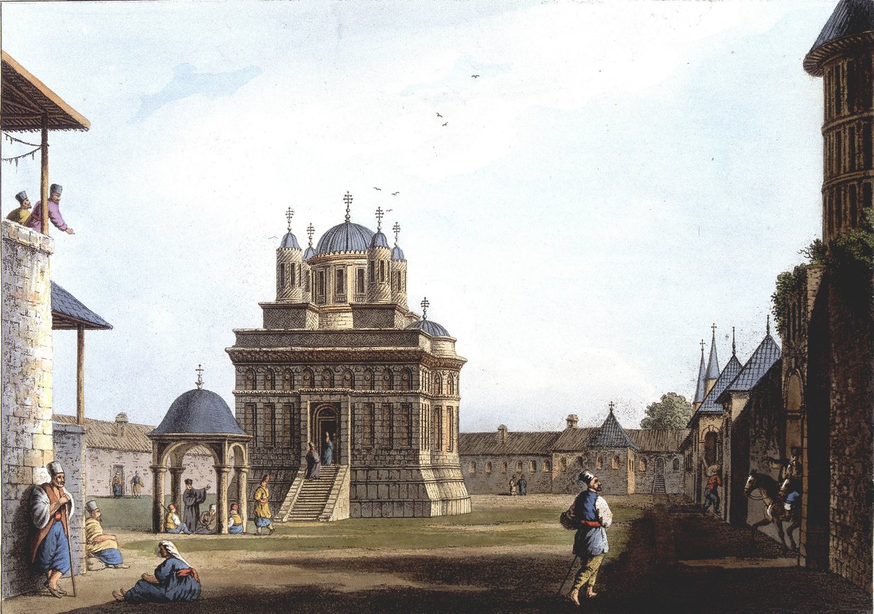 Kirche und Kloster der Heiligen Maria, Türkei. In „Ansichten in den osmanischen Herrschaftsgebieten, in Europa, in Asien und einigen Mittelmeerinseln“ nach den Originalzeichnungen von Luigi Mayer, London von Luigi Mayer