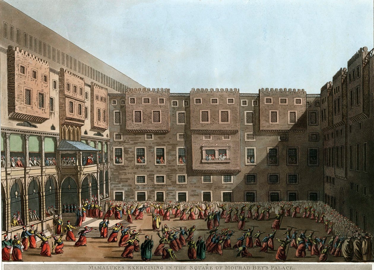 Mamluken trainieren im Hof des Murad-Bey-Palastes, Tunis (Lithographie) von Luigi Mayer