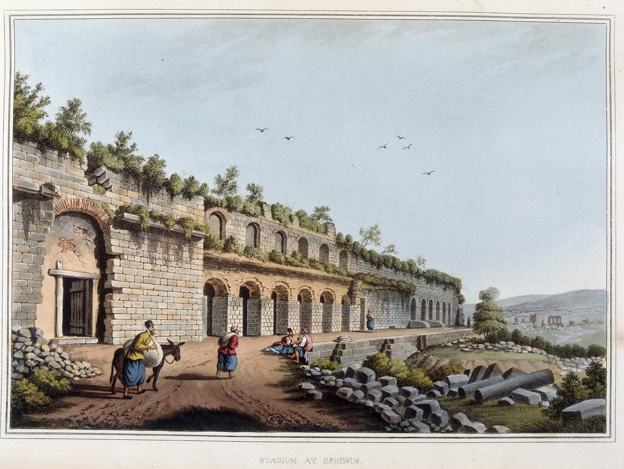 Stadion in Ruinen in Ephesus, ehemals antike Stadt Griechenlands, heute in der Türkei. In „Ansichten in den osmanischen Herrschaften, in Europa, in Asien und einigen Mittelmeerinseln nach den Originalzeichnungen von Luigi Mayer, London von Luigi Mayer