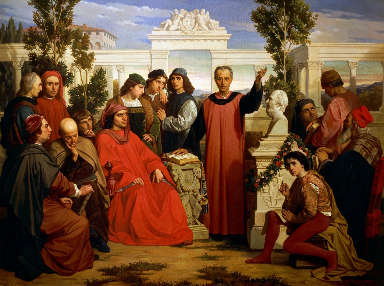 Geburtstag und Parentalia von Platon (428 v. Chr.-348 oder 427 oder 347 v. Chr.), gefeiert in der Villa di Careggi von Lorenzo dem Prächtigen von Luigi Mussini