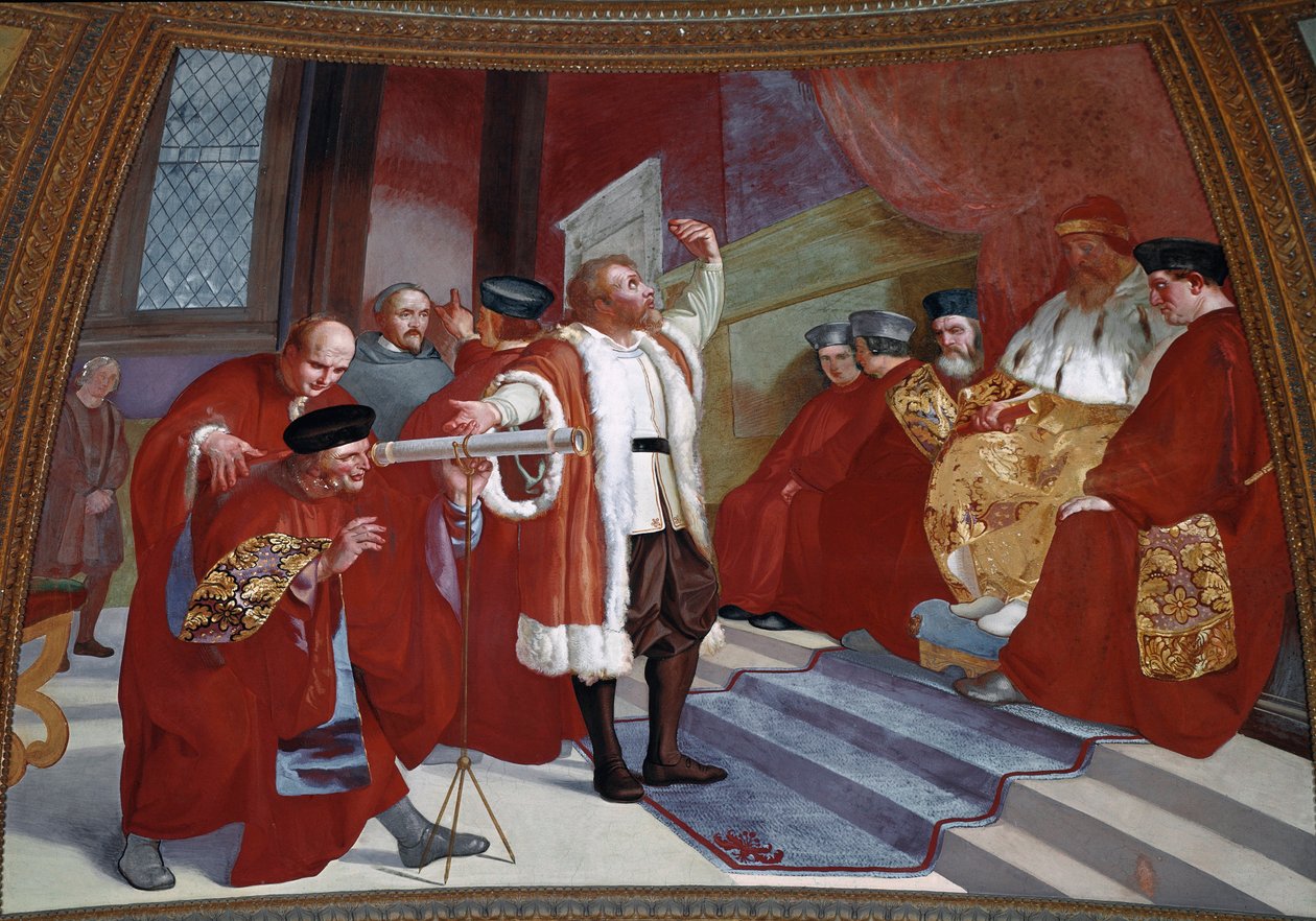 Galileo Galilei (1564-1642) in Anwesenheit des Dogen. Der Wissenschaftler präsentiert das Teleskop im Senat von Venedig im Glockenturm des Markusplatzes. Gemälde von Luigi Sabatelli (1772-1850). Fresko. Florenz, Tribuna Galileiana von Luigi Sabatelli
