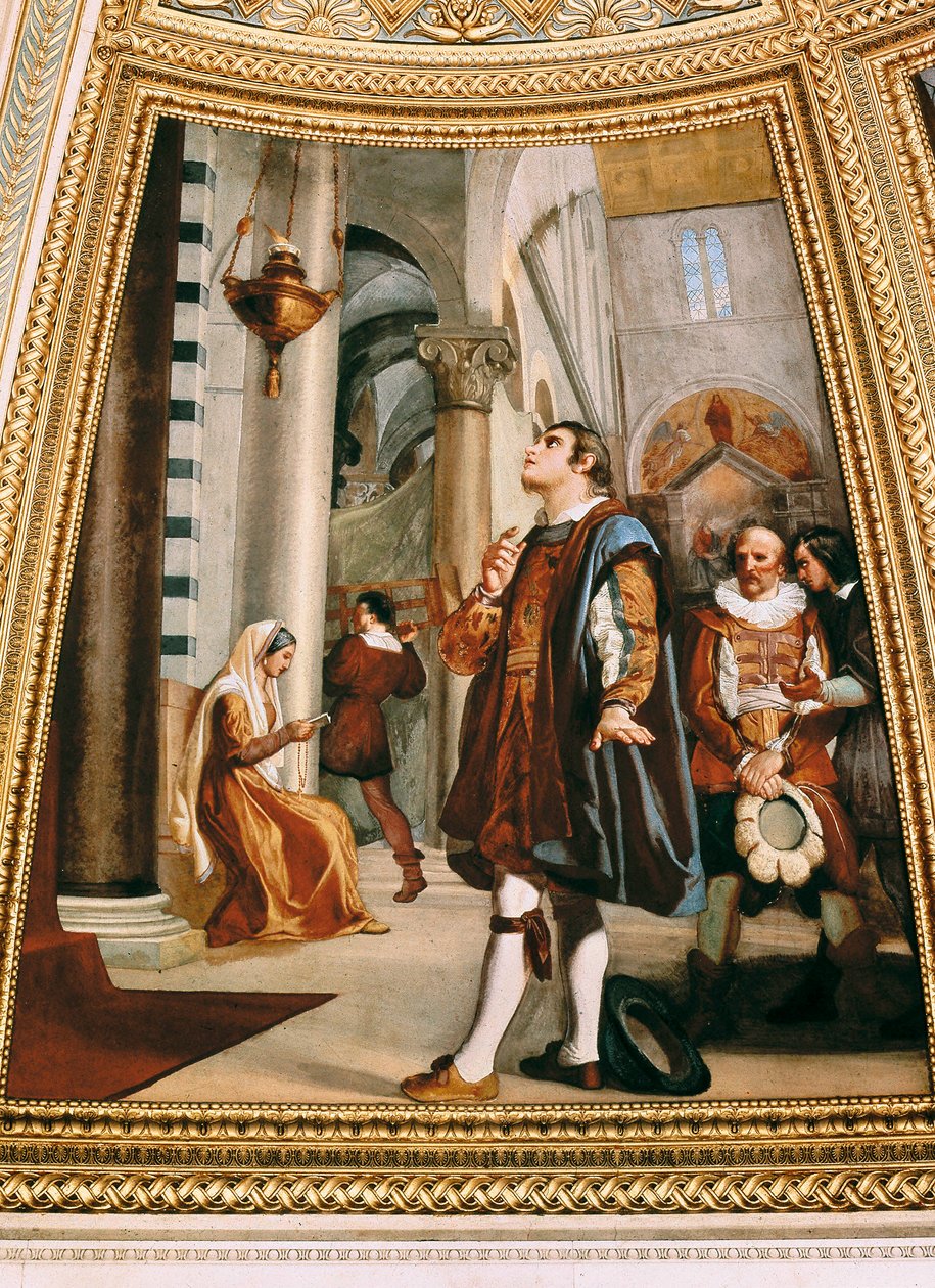 Galileo Galilei beobachtet den Kronleuchter, der im Dom von Pisa hin und her schwingt, 1582 von Luigi Sabatelli