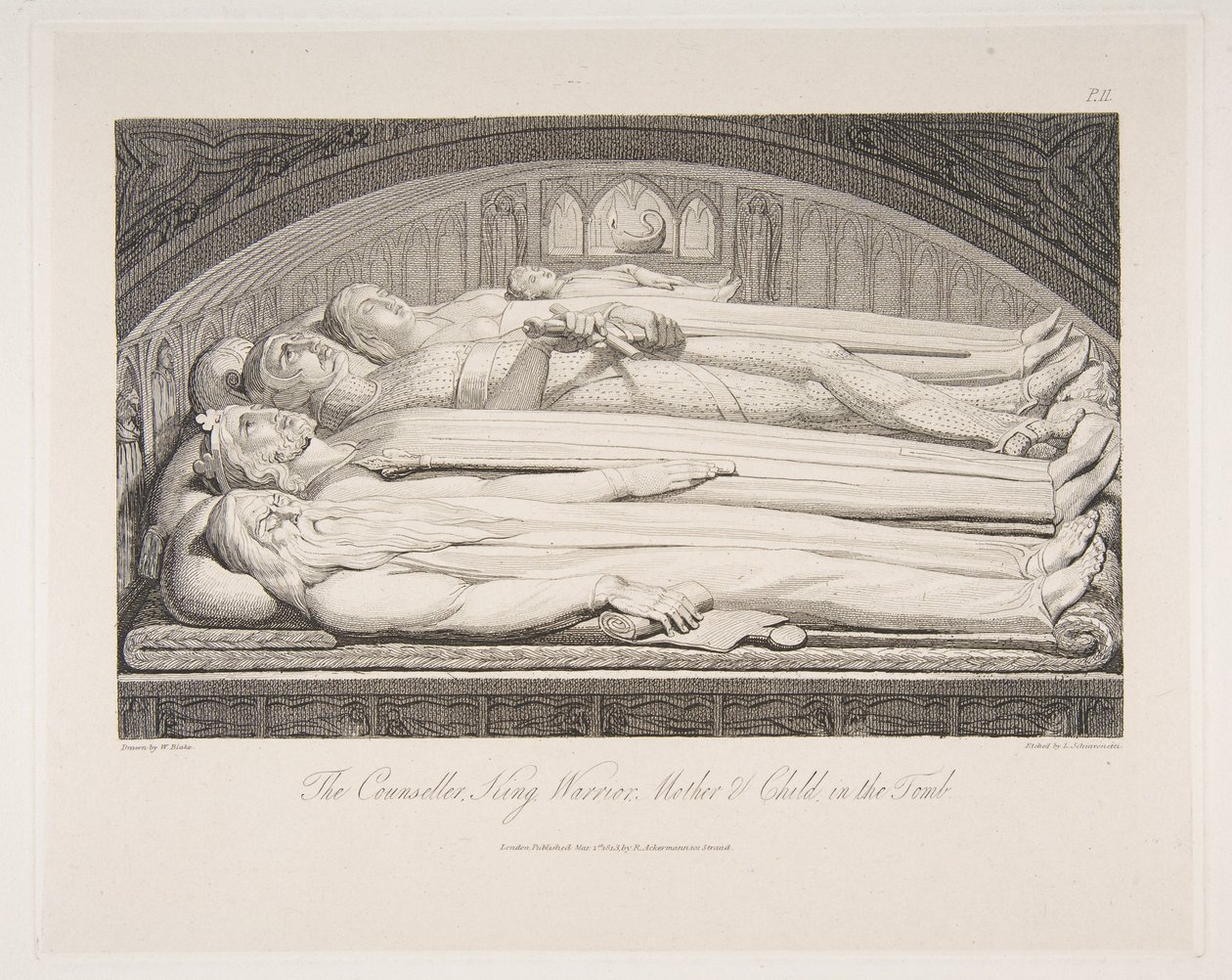 Der Ratgeber, König, Krieger, Mutter & Kind im Grab, aus Das Grab, ein Gedicht..., 1. März 1813 von Luigi Schiavonetti