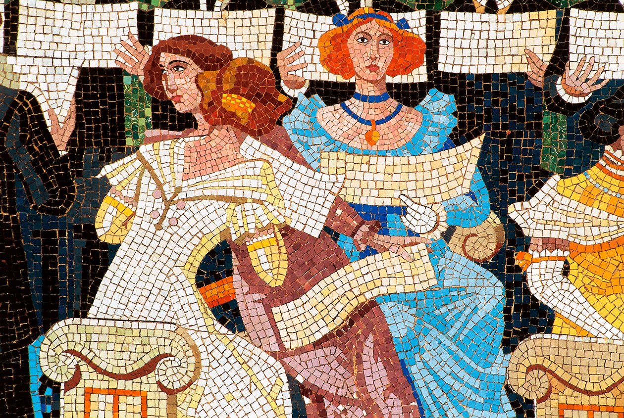Architektur Jugendstil: Palast der katalanischen Musik, Barcelona. Mosaik, das die Fassade schmückt: Frau singt im katalanischen Chor (Orfeo Catala), Detail links. von Luis Domenech i Montaner (1850-1923) und Lluis Bru I Salelles (1868-1952), 1905-19 von Luis & Bru i Salelles Luis (1868 1952) Domenech i Montaner