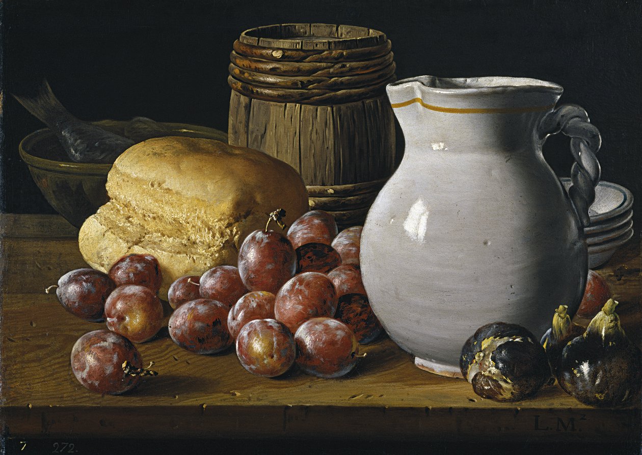 Stillleben mit Pflaumen, Feigen, Brot und Krug, zweite Hälfte des 18. Jahrhunderts von Luis Egidio Melendez