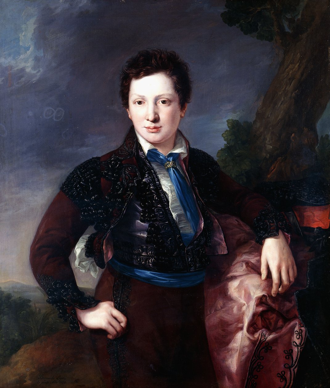 Porträt von Don Matias Edmundo Tirel y Gomez de las Casas, dem zukünftigen zweiten Marquis von Ulagares und Viscount von Castel Ruiz, dreiviertellang, gekleidet als Majo, 1833 von Luis Lopez Piquer