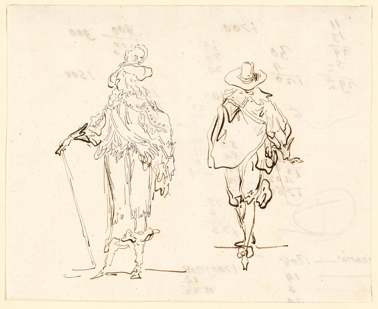 Zwei Figuren, eine im französischen Louis XIII-Stil und die andere im spanischen Stil des 17. Jahrhunderts gekleidet von Luis Paret y Alcazar