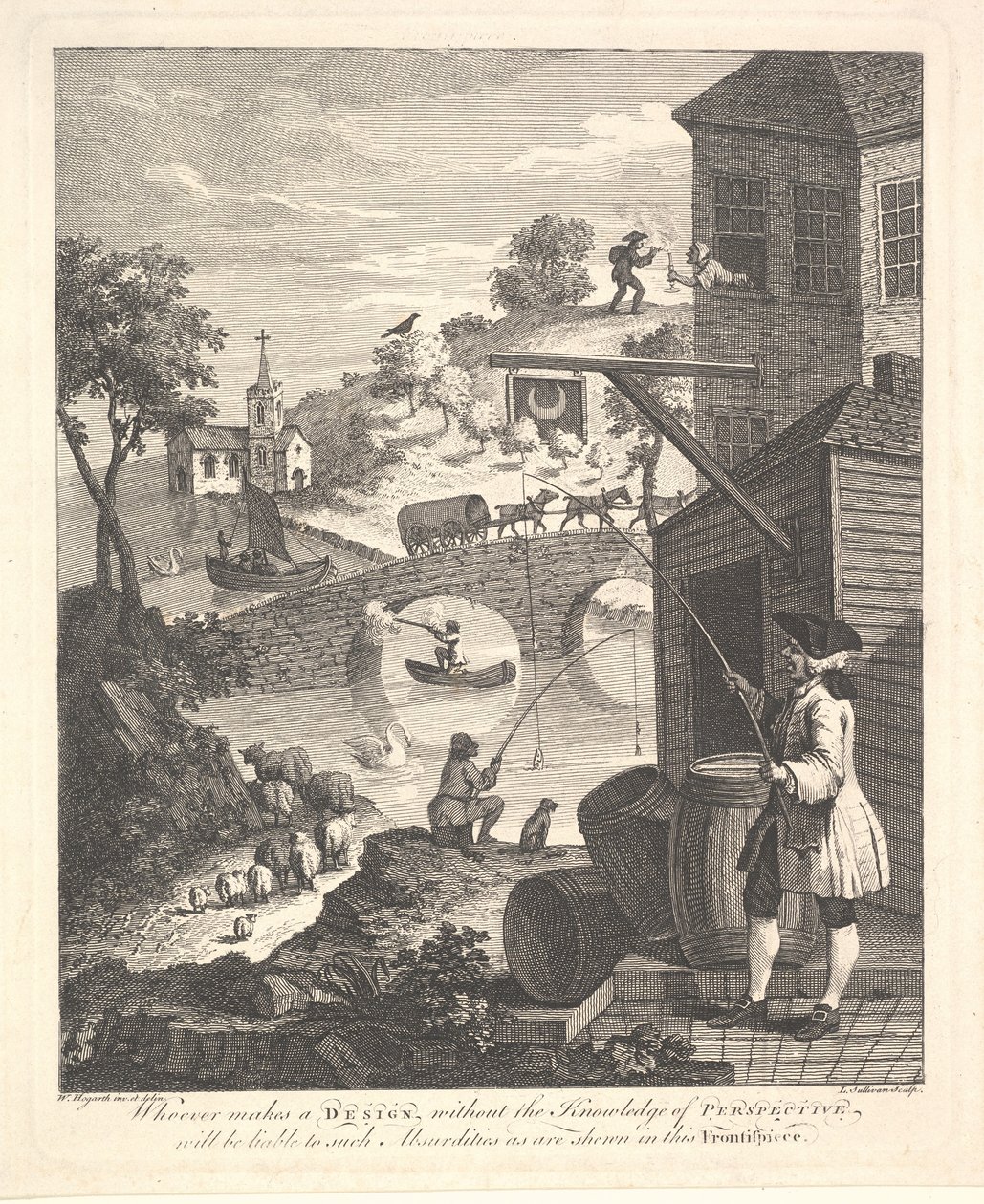 Satire auf falsche Perspektive: Frontispiz zu Kirbys Perspektive, Februar 1754 von Luke Sullivan