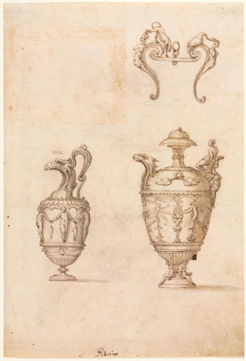 Entwurf für zwei Vasen und ein Ornament recto, Mitte 1500er von Luzio Romano