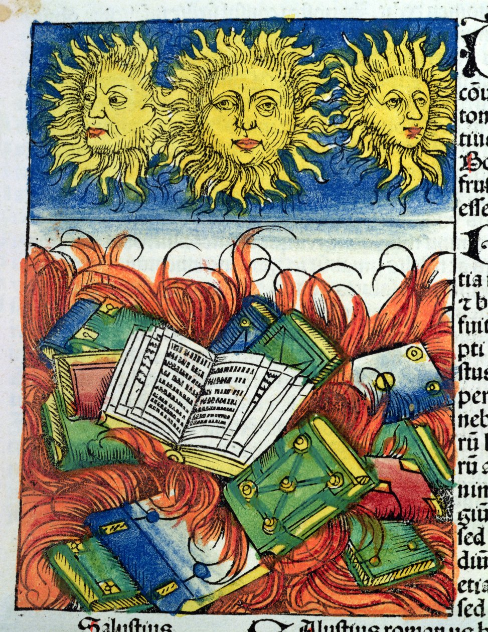 Autodafé von Büchern im Mittelalter, Illustration aus der 