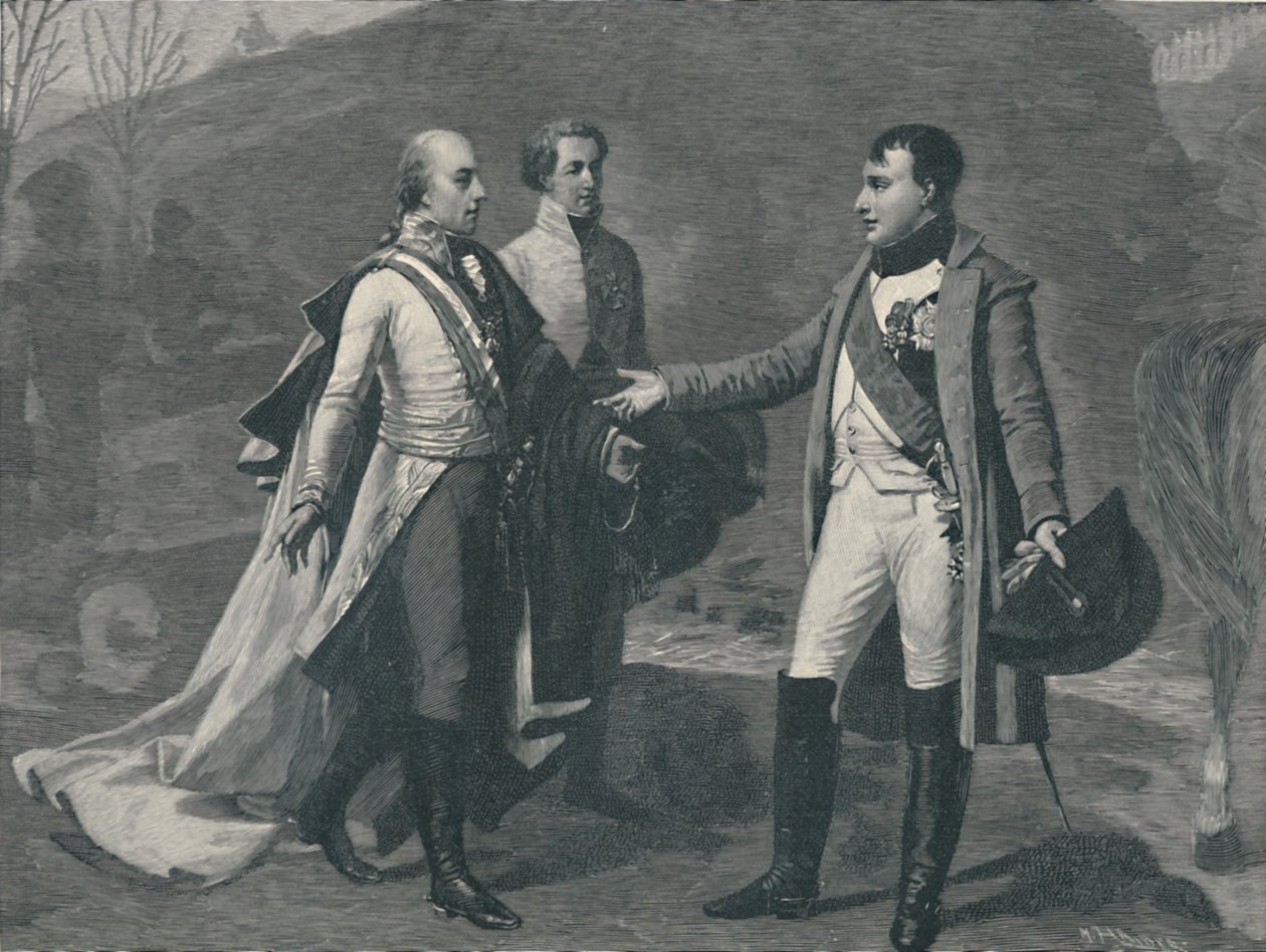 Treffen von Napoleon und Franz I. nach Austerlitz, 1805, 1896 von M. Haider