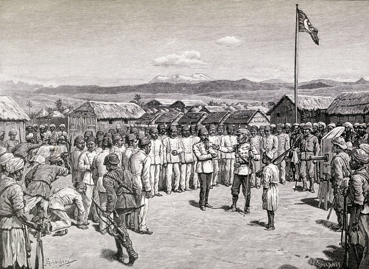 Sir Henry Morton Stanley spricht zu rebellischen Offizieren in Kavalli, 1890 von M. Schonberg