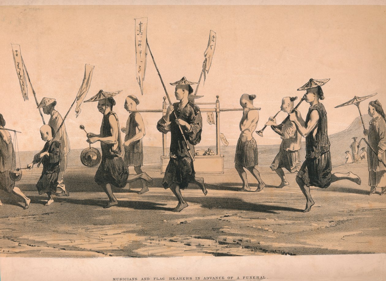 Musiker und Fahnenträger vor einem Begräbnis von M and N Hanhart