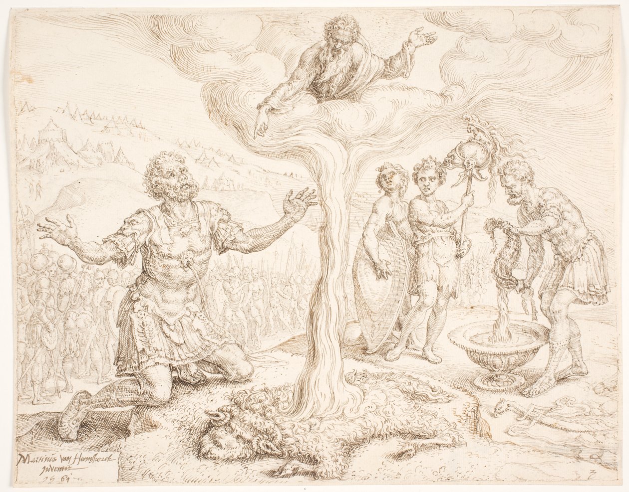 Gideon kniet im Gebet (Die Geschichte vom Tau und der Wollflocke) von Maarten van Heemskerck