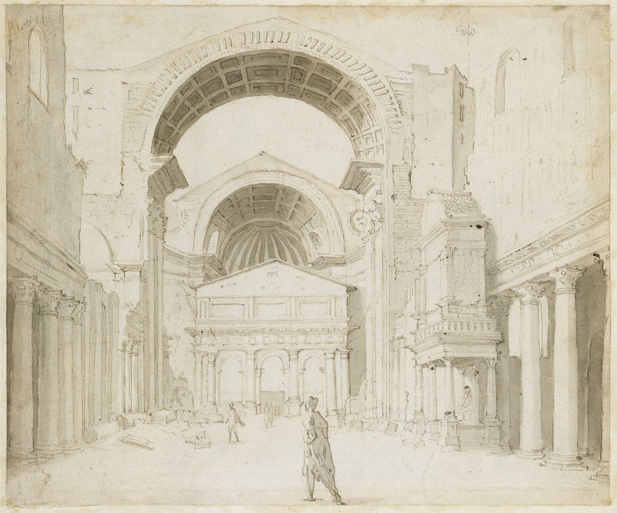 Innenansicht des Langhauses von Alt-St. Peter mit Ausblick auf den Neubau von Maarten van Heemskerck