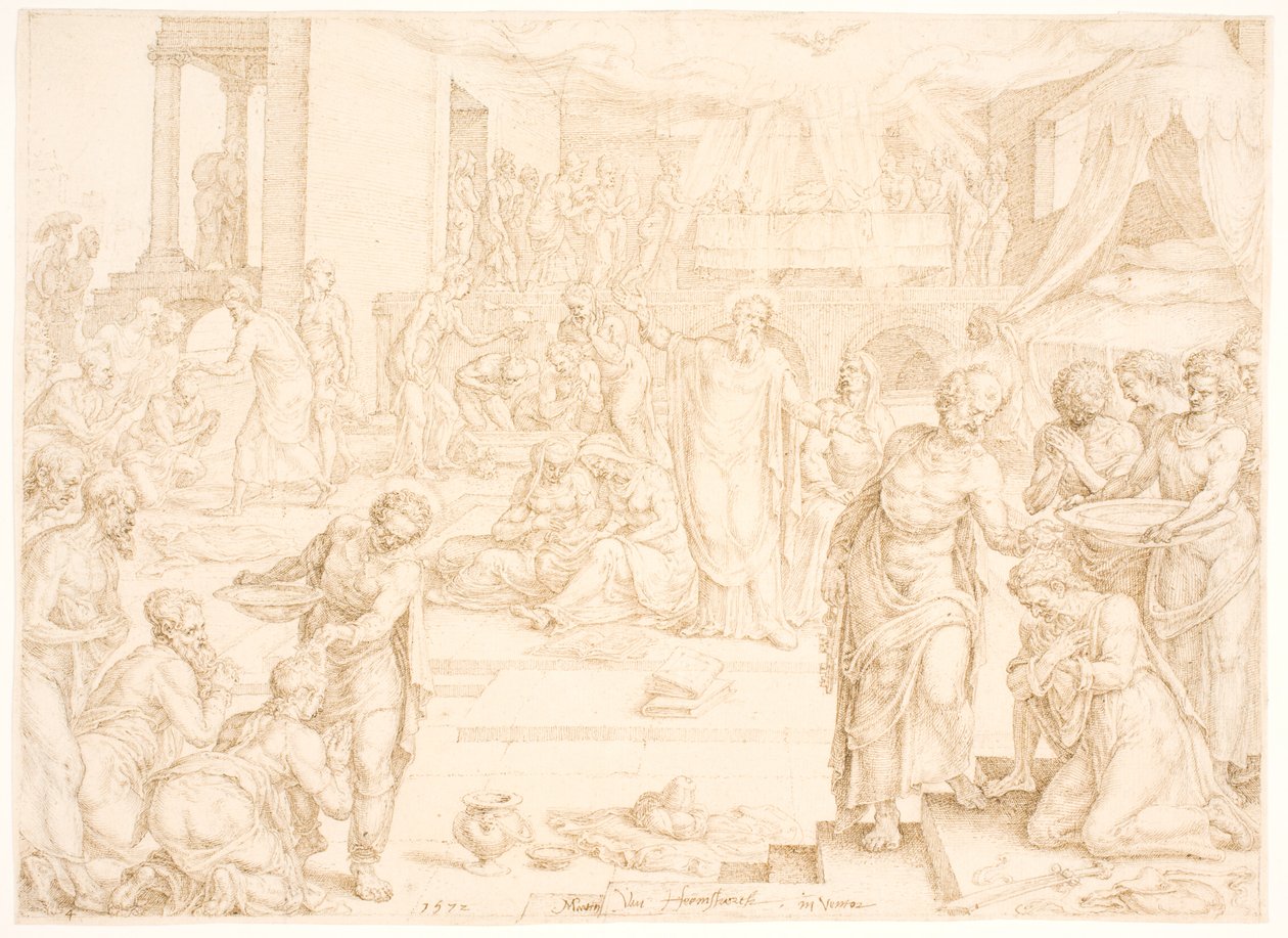Petrus und die anderen Apostel taufen die Gemeinde in Jerusalem von Maarten van Heemskerck
