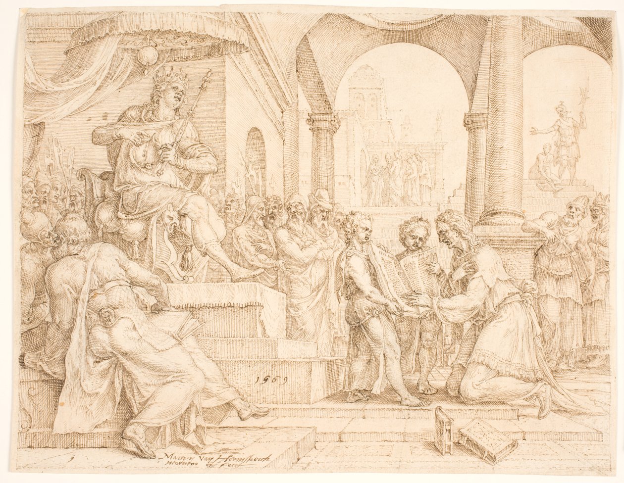 Der Staatsschreiber Sjafan liest aus dem Gesetzbuch für König Josias, der seine Kleider zerreißt von Maarten van Heemskerck
