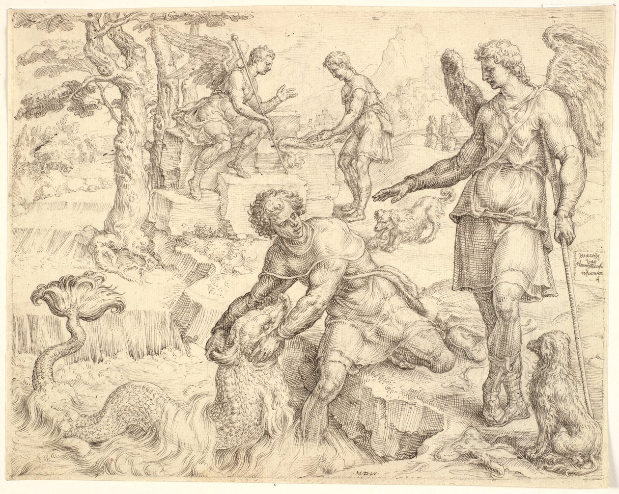 Tobias fängt den Fisch im Fluss Tigris von Maarten van Heemskerck