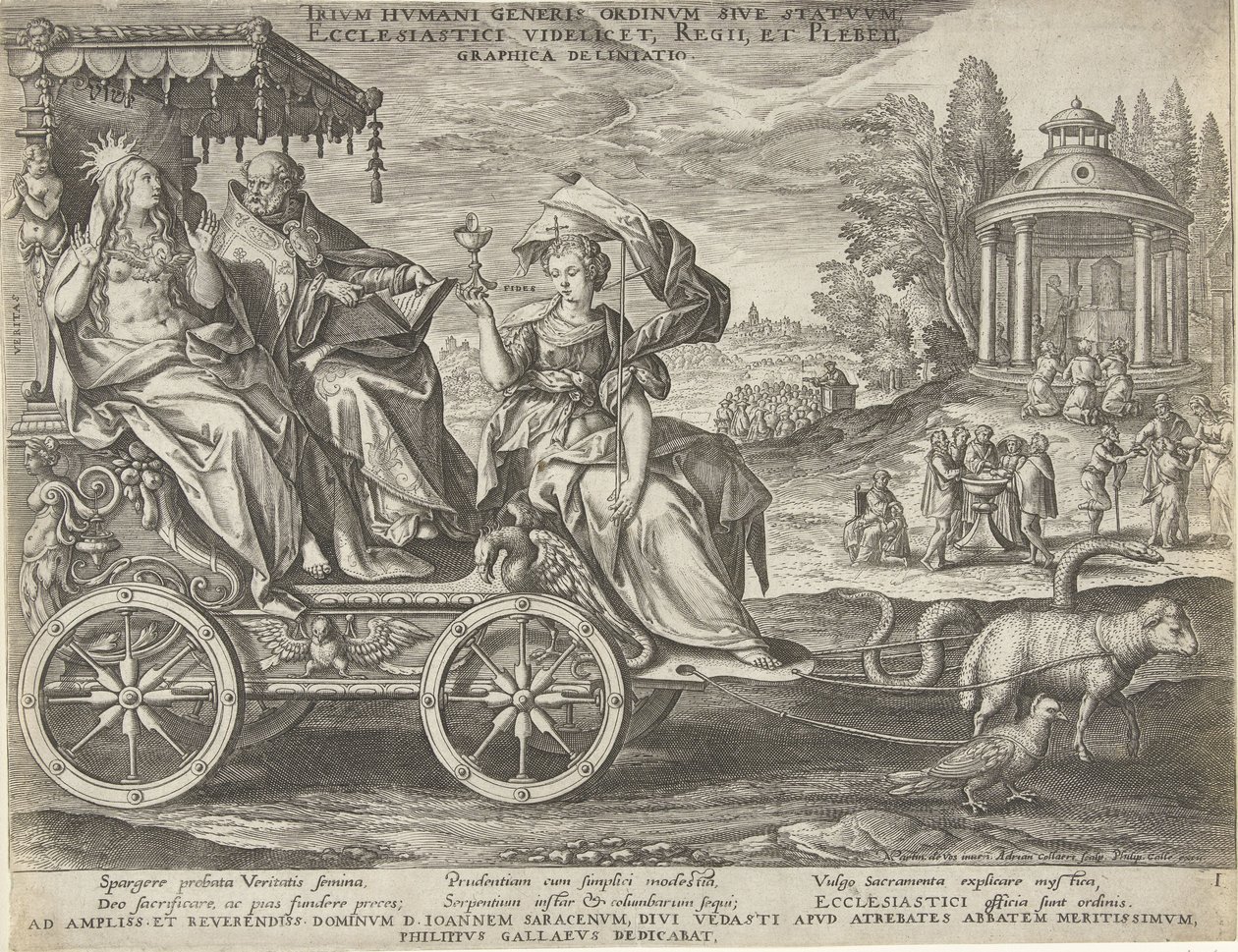 Allegorie des Ersten Standes, graviert von Adriaen Collaert nach Maarten de Vos und veröffentlicht von Philip Galle; gewidmet Jean Sarrazin von Maarten de Vos